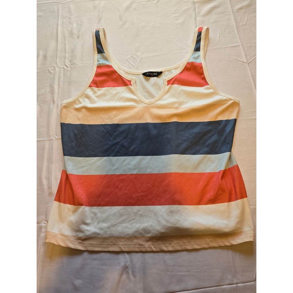 Chic Me XL‎ Striped Ribbed Tank Top Sleeveless V Neck Casual